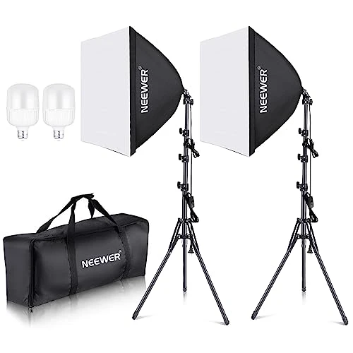 NEEWER | 700W Equivalent Softbox Lighting Kit, 2Pack UL Certified 5700K LED Lighting Bulbs, 24x24 inches Softboxes with E26 Socket, Photography Continuous Lighting Kit Photo Studio Equipment