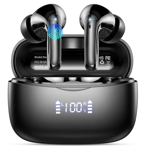 Ecouteurs Bluetooth sans Fil, Casque Bluetooth 5.3 avec HiFi Basses Immersives, 56H Ecouteurs Sans Fil avec 4 ENC Mic, Écran LED, Contrôle Tactile, IPX7 Étanche Oreillette Bluetooth pour iOS/Android