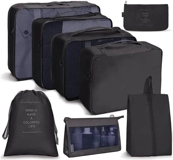 Osdue Lot de 8 cubes de rangement de voyage - Organisateurs de bagages/Sacs de voyage imperméables pour vêtements, chaussures, cosmétiques, articles de toilette, Noir