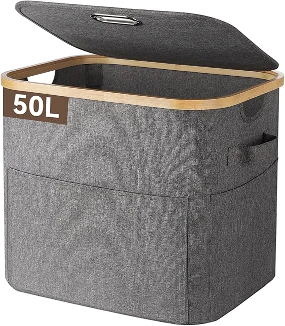 OUSFOT Panier a Linge Sale 50 L, Corbeille a Linge Facile à Assembler avec Poignées, 600D Oxford Fabric Bac Linge, Laundry Basket pour Chambres à Coucher, Chambres d'Enfants, Salles de Bains, Gris