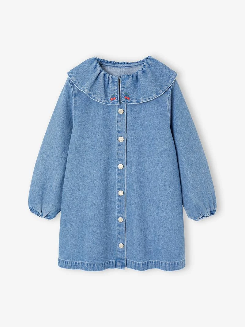 Robe fille en denim col volanté bleu moyen - Vertbaudet