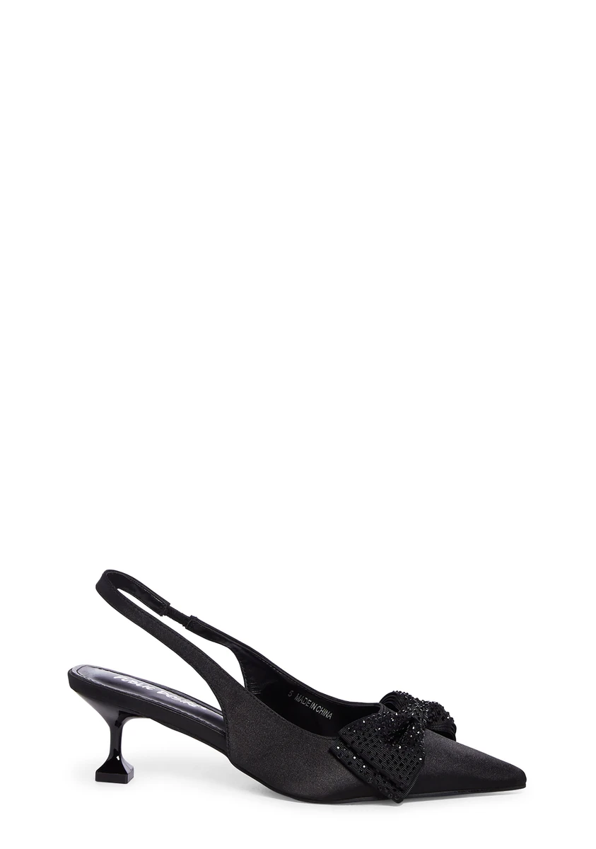 Public Desire Kitten Heel Rhinestone Bow Slingbacks - Black