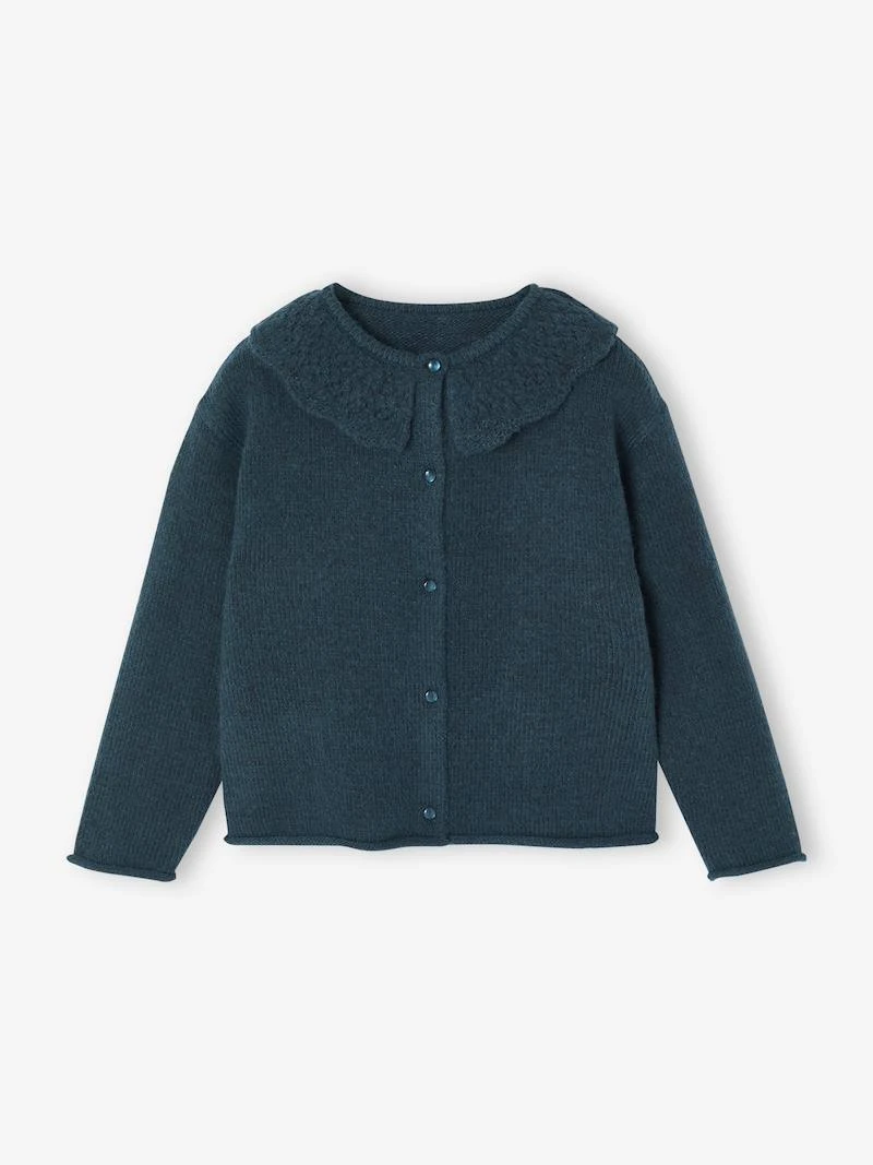 Gilet col fantaisie ajouré fille bleu pétrole - Vertbaudet