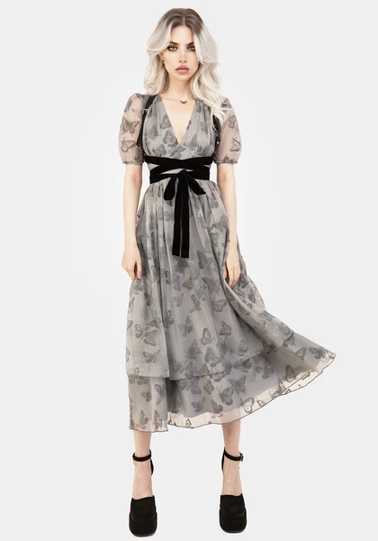 Vanessa Butterfly Print Organza Puff Sleeve Midaxi Dress