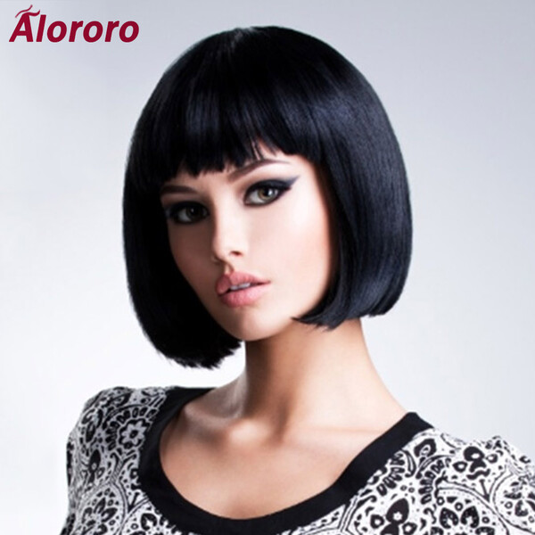 €8.66 40% de réduction|Perruque synthétique bob lisse courte noire Alororo | Perruque de Cosplay en fiber de haute température disponible quotidiennement pour femmes, perruque de Cosplay naturelle | AliExpress