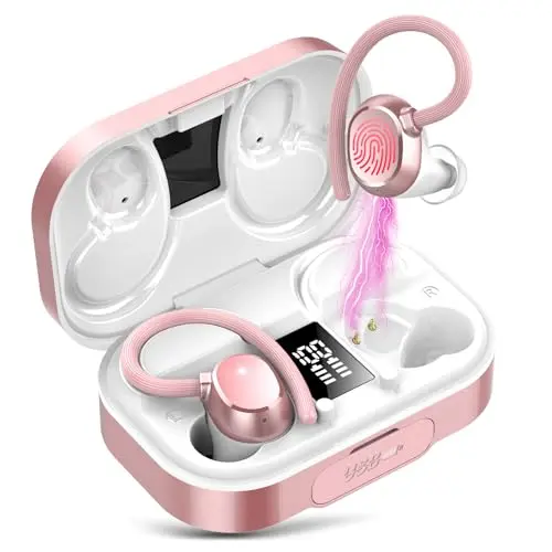 Ecouteurs Bluetooth sans Fil Sport, 120H Bluetooth 5.3 avec HiFi Stéréo, Écouteurs sans Fil Bruit 4 HD Mic CVC 8.0 Antibruit, Écran LED, Contrôle Tactile IP7 Étanche USB-C Casque iOS/Android Rose