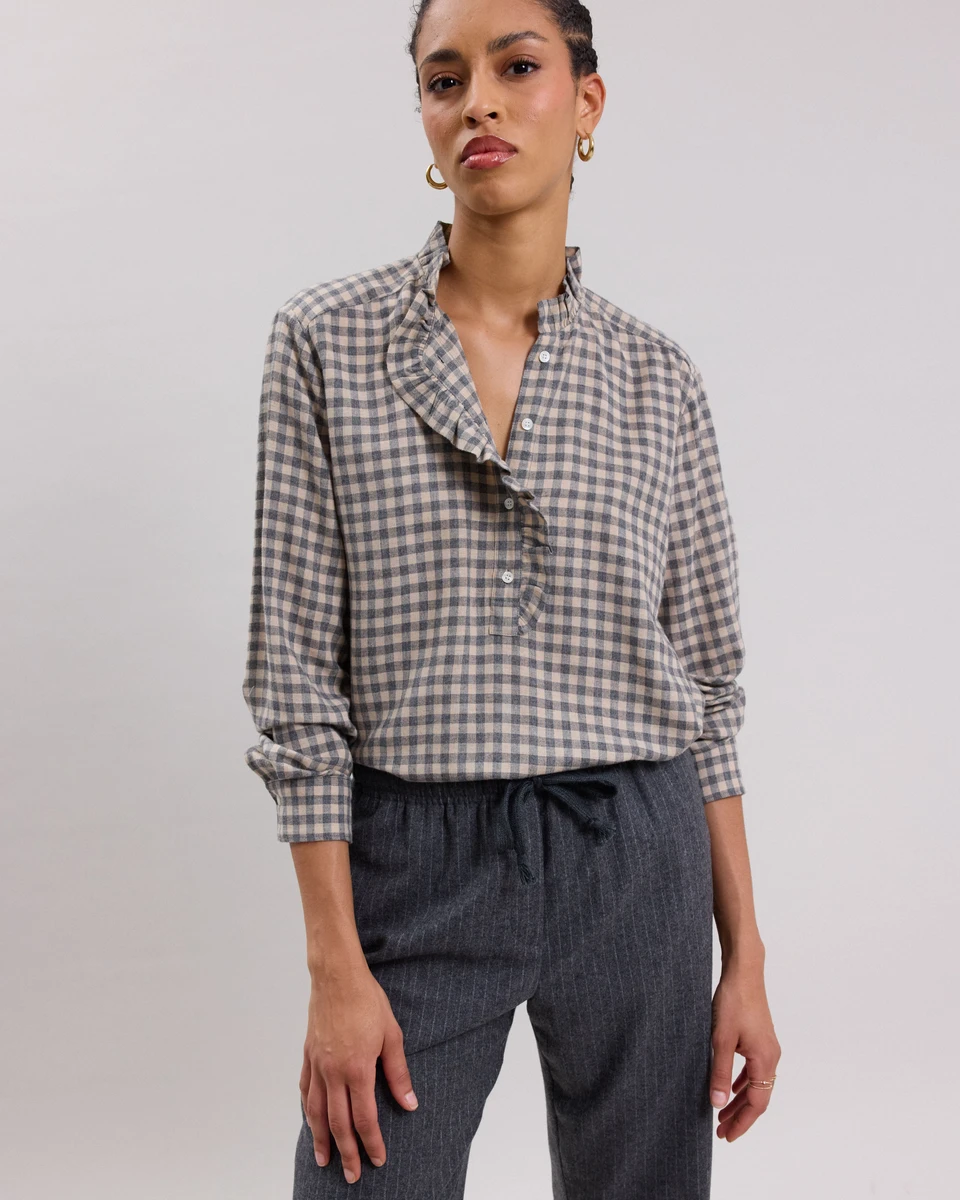 Chemise Femme en laine mélangée imprimé à carreaux Beige & Gris Carmen