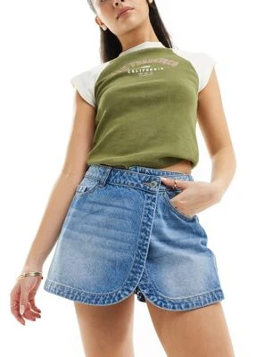 Stradivarius - Jupe-short en jean à taille double - Bleu clair délavé