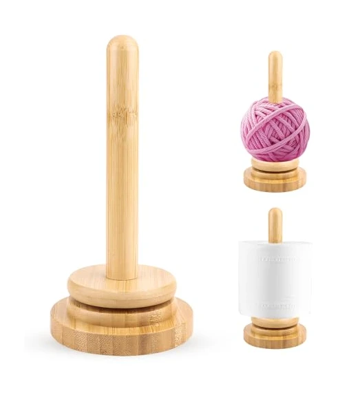 Porte-pelote de laine portable en bois - Dérouleur de laine - Support rotatif pour pelotes de laine - Support de boule de laine en bois fait à la main - Rangement vertical rotatif