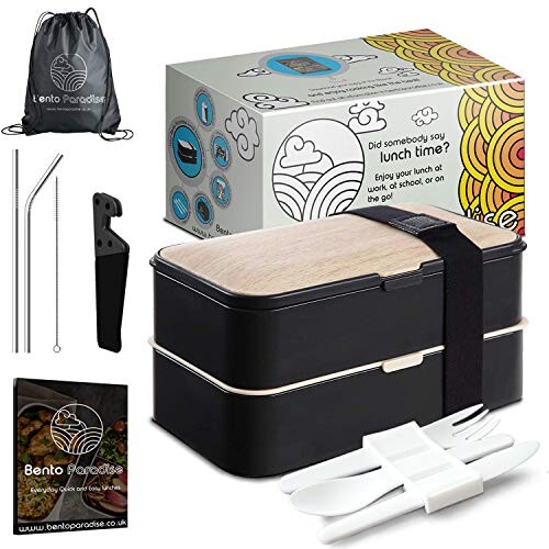 Boîte à bento étanche 2 pneus et couverts réutilisables Style japonais pour adultes et enfants Sans BPA Passe au micro-ondes et au lave-vaisselle avec support de téléphone/pailles en acier inoxydable