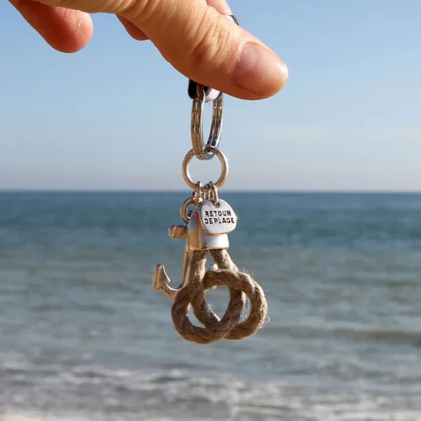 Porte-clefs noeud en chanvre et ancre argentée : Marin
