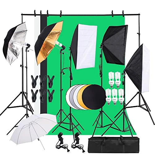 Studio Photo Kits d'éclairage Studio Kit de Système de Support de Tissu de Studio Photo Réglable avec Ombrelles 5 en 1 Réflecteur 3 Softbox Toiles 1 Sac de Transport pour Portrait
