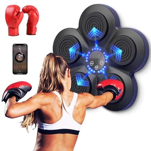 Machine de Boxe Musicale, Appareil de Boxe électronique Portable Mural à Domicile, Smart Bluetooth Music Boxeur électronique, Cadeau de boxe pour enfants et adultes (Noir+Lumière bleue+gants adultes)