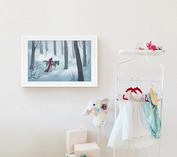 Chaperon rouge - art mural, illustration originale, conte de fées, forêt de neige, loup, décor de chambre, impression d’art