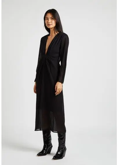 Robe midi col V plissée | Noir