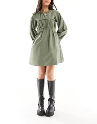ASOS DESIGN - Robe courte en popeline de coton avec buste froncé - Kaki