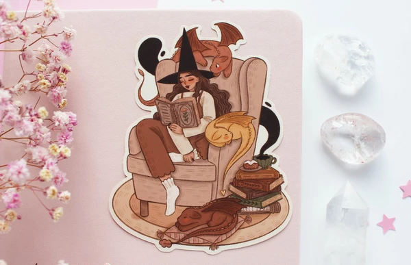 Witchy Reading Time With Dragons Waterproof Matt Vinyl Sticker — Marigona Suli