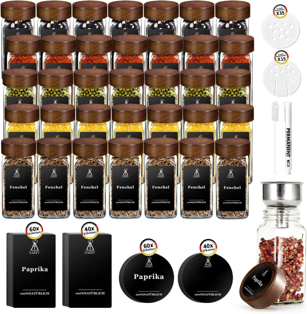 Pot à épices en bois d'acacia, ensemble carré avec couvercle, pot à épices en verre de 120ml avec étiquette à épices, 12/24/35 pièces - AliExpress 15