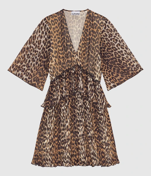 GANNI - Robe Courte Georgette Leopard