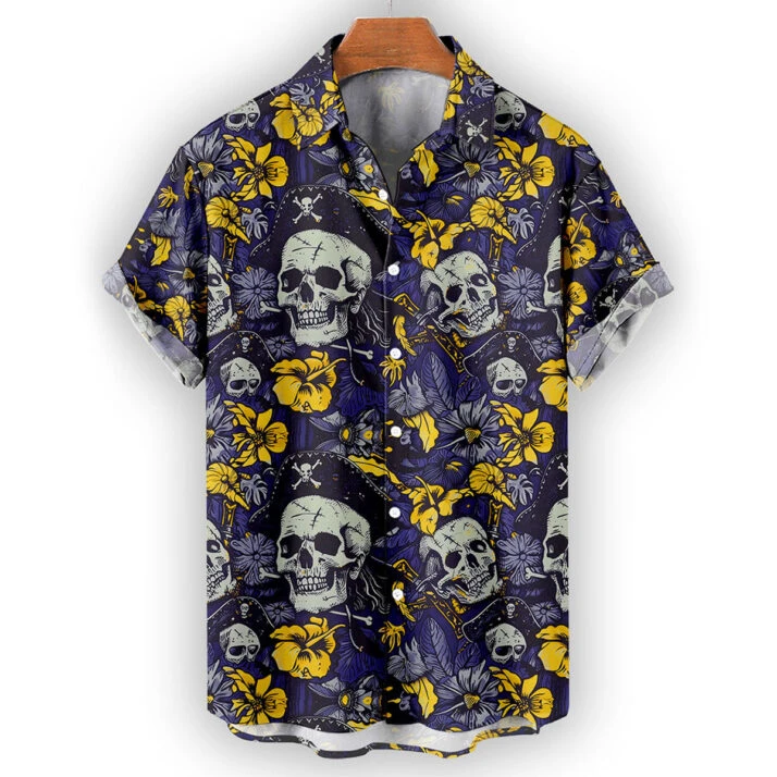 Pirate Skull and Yellow Hibiscus Hawaiian Shirt – Summer Paradise Vibes