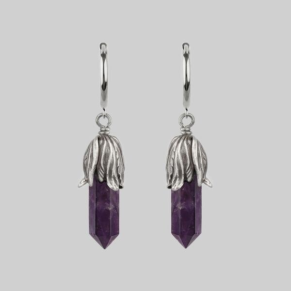 DEATH BLOOM. Amethyst Gemstone Hoop Earrings - Silver