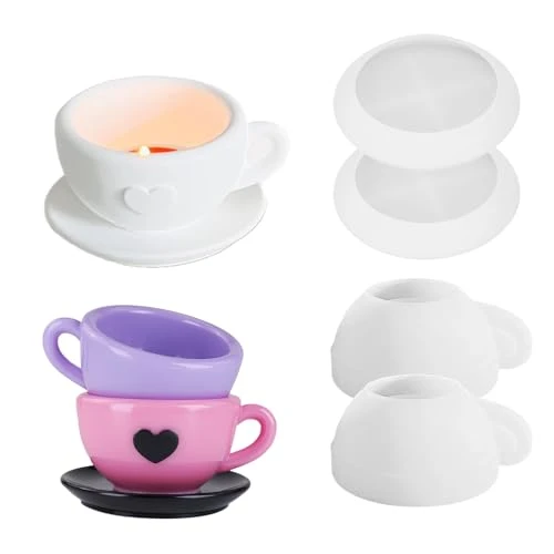 LUMOOM Lot de 4 moules en silicone pour tasse à café avec soucoupes, bougeoirs, moules à thé réutilisables, moules en silicone pour plâtre, résine époxy, béton, moule à couler soi-même