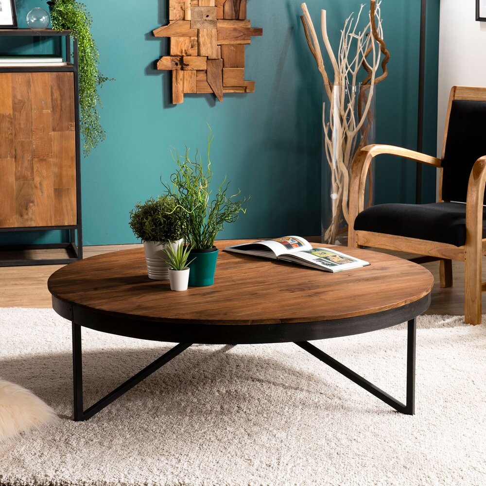 Table basse ronde 110 cm en teck recyclÃ© pieds mÃ©tal - APPOLINE