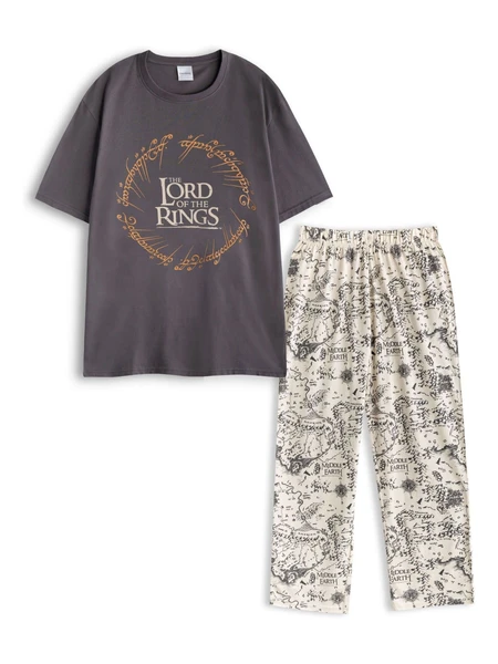 Vanilla Underground Grey Mens Lord Of The Rings Grey Short Sleeve Long Leg 100% Cotton Pyjamas Set