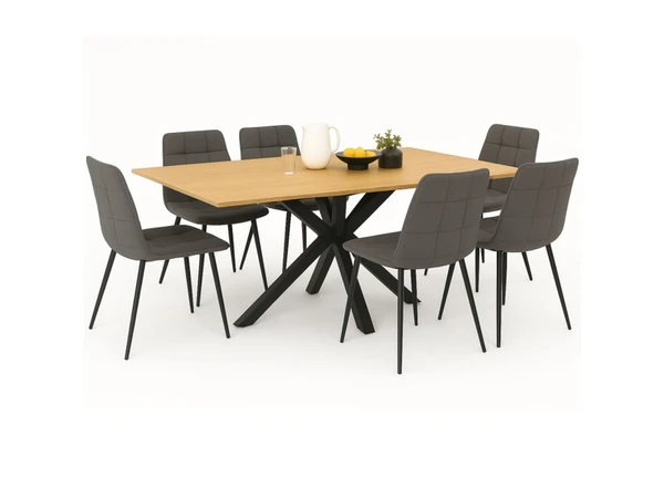 Ensemble table à manger rectangle alix 160 cm bois et noir et 6 chaises mila en velours gris foncé