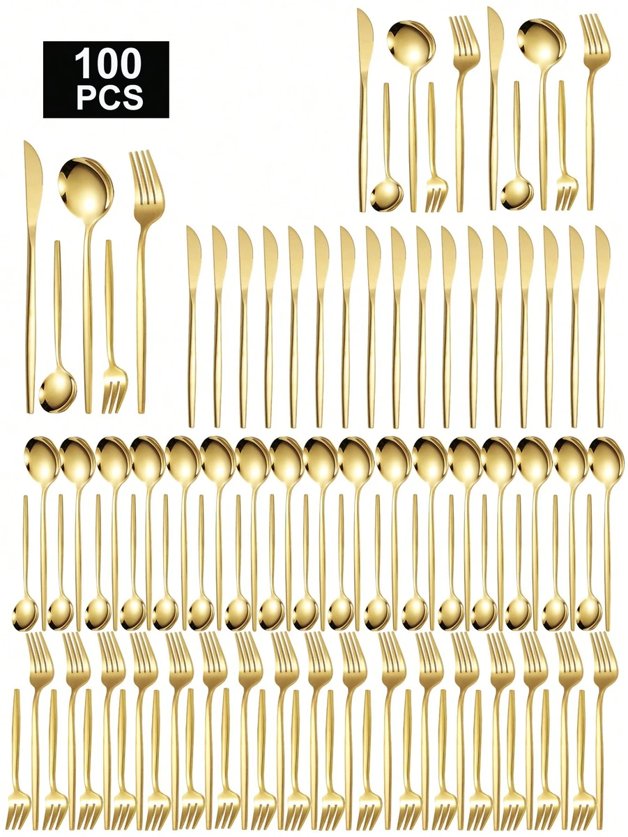 60 pièces/90 pièces/100 pièces Set de couverts en acier inoxydable plaqué or, couteau, fourchette, cuillère poli miroir, convient pour mariage, hôtel, restaurant, cuisine, fête, cadeau de Noël, fournitures scolaires