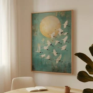 Graceful White Cranes in Flight Against Golden Sun: Serene Minimalist Art for Modern Nature-Inspired Wall Decor