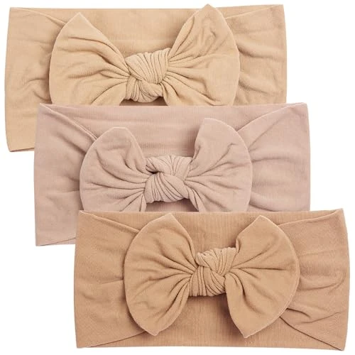 Lot de 3 Bandeaux pour Bébé en Nylon - Bandeau Turban Doux avec Nœud pour Nouveau-nés et Tout-petits Filles