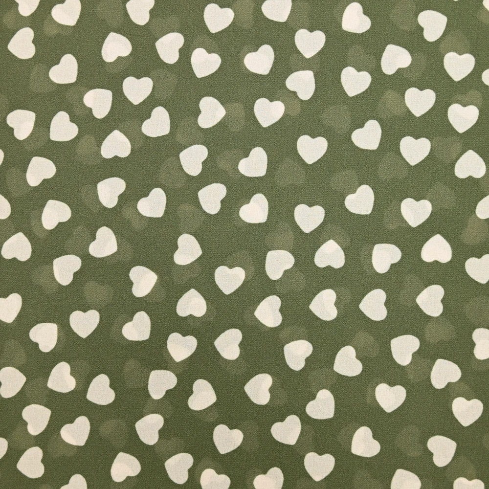 Mousseline de polyester imprimée coeur fond kaki