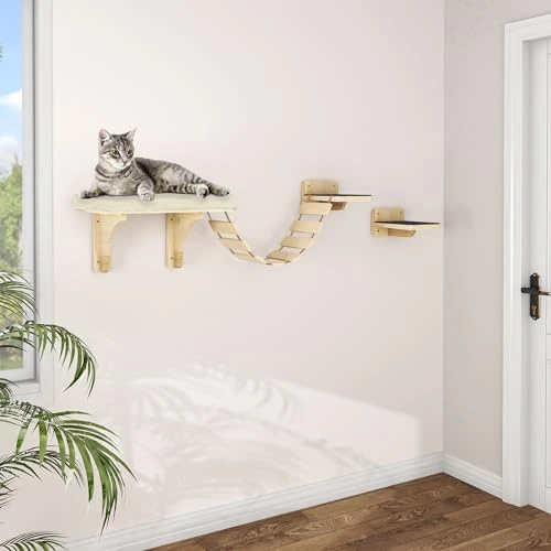 YITAHOME 4PCS Étagère Murale pour Chat, Mur d'escalade pour Chats, Meuble Mural pour Chat, Arbre à Chat Mural en Bois avec Pont, Lit pour Chat Épais Doux, 2 Marches de Chat avec Tapis Antidérapant