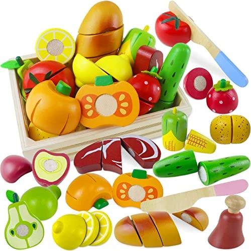 Beberolen Jouet Bois Fruit Légume de Coupe pour Dinette Enfant, Cuisine Jeux Accessoire Aliment Nourriture, Jouet Éducatif Éveil Montessori, Cadeau Anniversaire Pâques Halloween Noël Garçon Fille Bébé