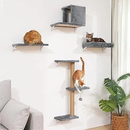 FUKUMARU Étagères Murales pour Chat, 4 en 1 Ensemble de Meubles Muraux, Mur d'escalade en Bois avec Griffoir, Pont et Lit pour Chat, Beige