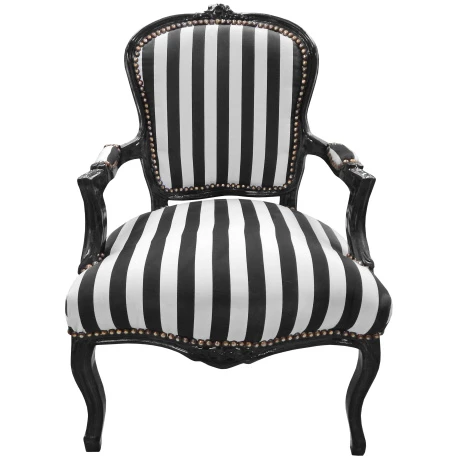 Fauteuil Louis XV de style baroque tissu rayé noir et blanc et bois noir