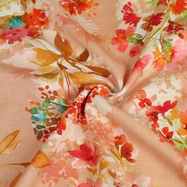 Tissu viscose et lin abricot à motif Jardin fleuri | Tissu pour couture d'habits fluide et léger