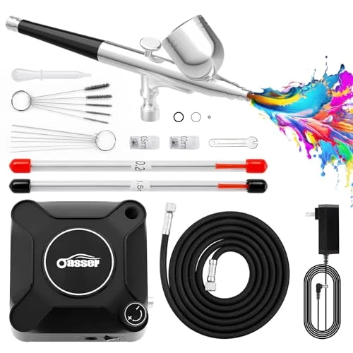 Oasser Kit Aerographe avec Compresseur Aerographe Double Action 36 PSI Buse 0,2 0,3 0,5 mm pour Nail, Peinture, Modelisme, Tatouage, Maquillage, Gâteaux