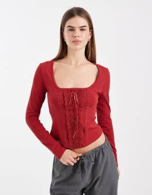 Miss Selfridge - Top corset à encolure dégagée et bords en dentelle - Bordeaux