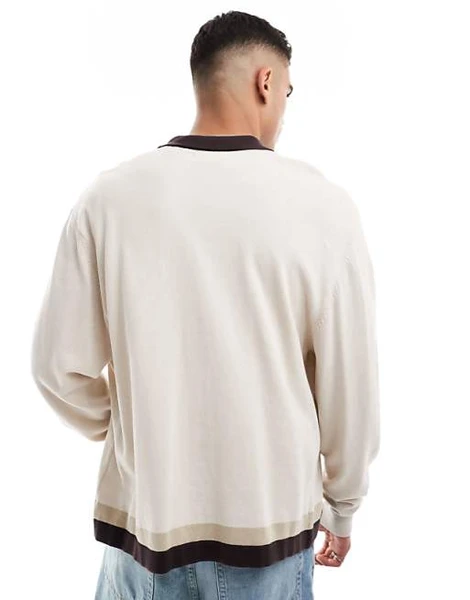 Cotton On - Gilet boutonné en maille avec col et bandes rayées - Naturel