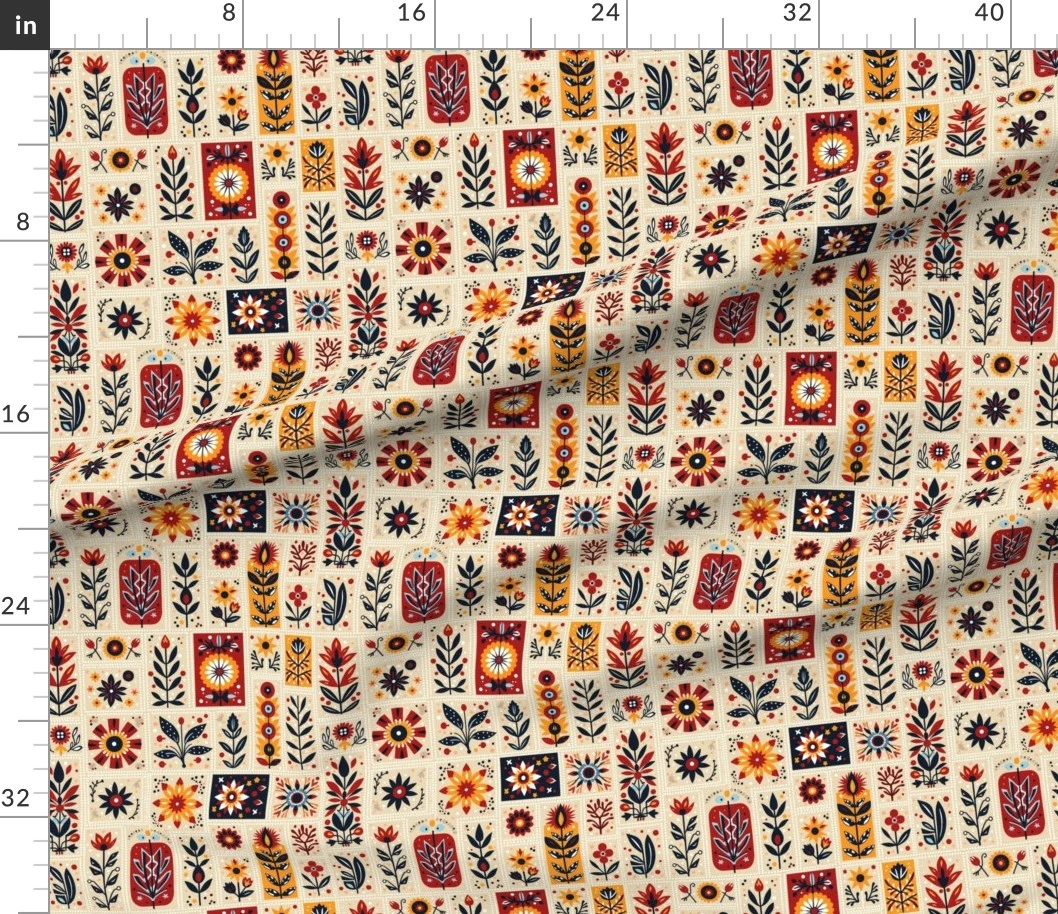 Fabric in Vintage Patchwork Garden Floral Motifs on Beige