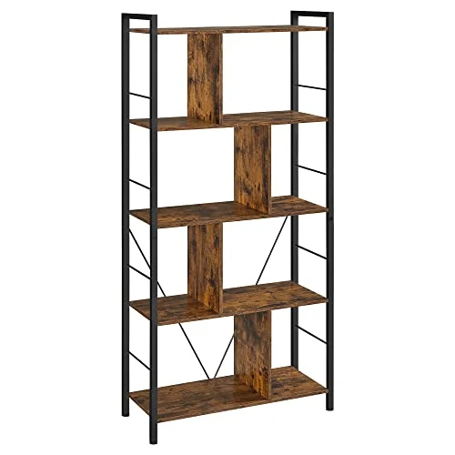 VASAGLE Meuble de Rangement, Bibliothèque, Étagère 5 Niveaux, avec Compartiments Ouverts, pour Bureau, Salon, Chambre, Style Industriel, Marron Rustique et Noir LBC121B01