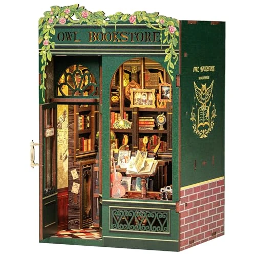 CUTEBEE Kit Book Nook - Maison Miniature à Monter soi-même - Maison de poupée - avec Housse de Protection Contre la poussière et lumière LED - Kit de modélisation pour Adultes(Owl Bookstore)