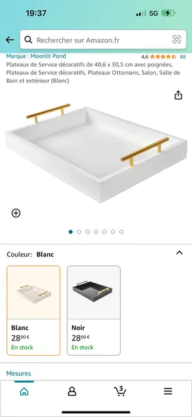Plateaux de Service décoratifs de 40,6 x 30,5 cm avec poignées, Plateaux de Service décoratifs, Plateaux Ottomans, Salon, Salle de Bain et extérieur (Blanc)