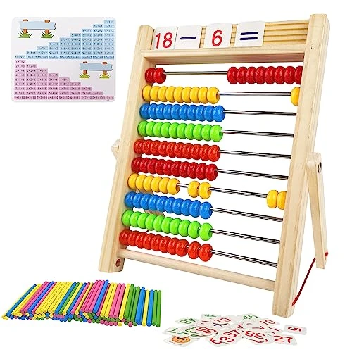 Fousenuk Boulier Enfant, Abaque en Bois Aide au Calcul avec 100 Perles/Baguettes de Comptage/Cartes Numériques, Cadeau Jouet Éducatif pour Les à Partir de 3 Ans Enfant Abacus Jeu