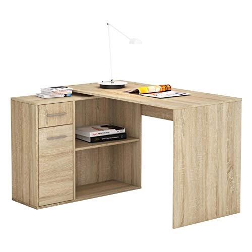 Bureau d'angle Isotta Table avec Meuble de Rangement intégré et modulable avec 2 étagères 1 Porte et 1 tiroir, en mélaminé décor chêne Sonoma