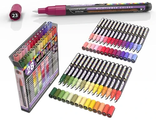 Marqueurs de peinture acrylique Wildflower Colors Studio Color Series - Paquet de 28 - Pointe extra fine de 0,7 mm - Peinture sur roche, verre, tasses, bois, métal, toile, bricolage, détails - Non...