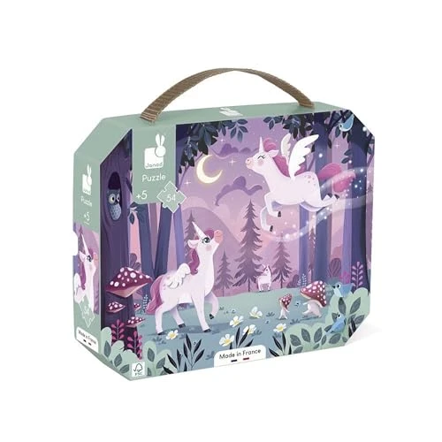 Janod - Puzzle 54 Pièces - Thème Licorne - Jeu Educatif Motricité Fine et Concentration - Valisette Poignée - Fabriqué en France - Certifié FSC - Encres Végétales - Dès 5 Ans, J02555