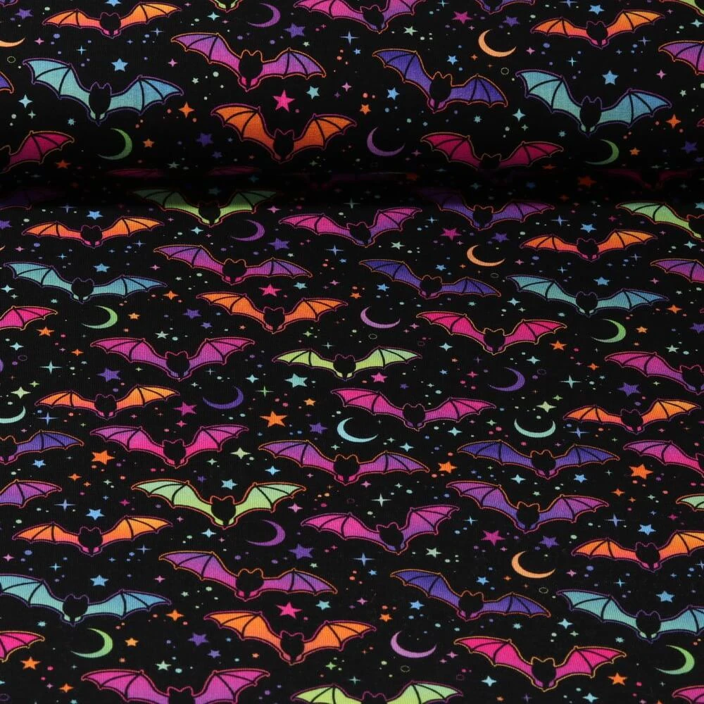 Jersey - Impression digitale Chauves-souris multicolores Etoiles Noir